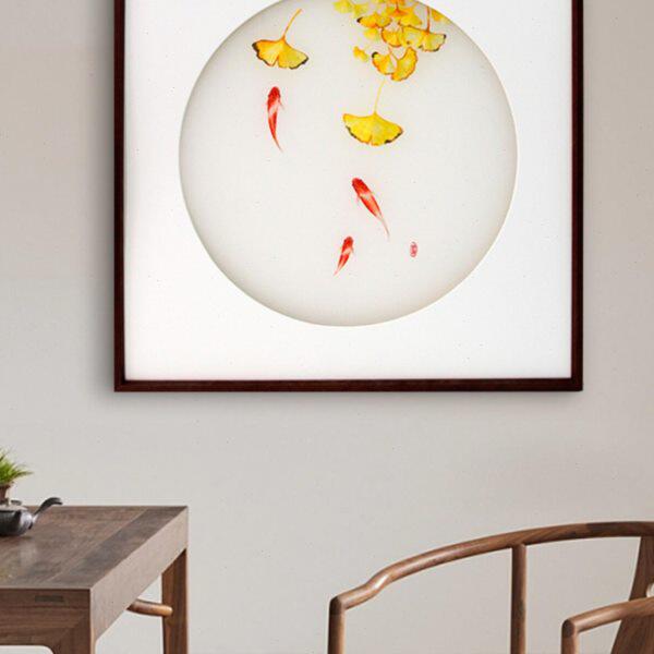 伊飞湘绣纯手工刺绣家居挂画新中式简约装饰画客厅卧室鲤鱼壁画