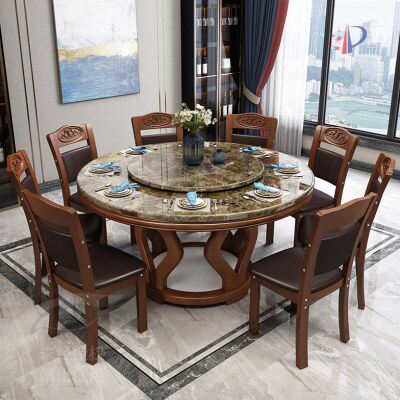 大理石餐桌椅组合转盘家用小户型10人圆形饭桌简约中式实木大圆桌