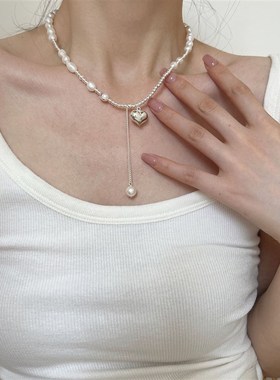 925纯银爱心珍珠圆珠项链小清新甜美仙女气质链条流苏锁骨链N1181