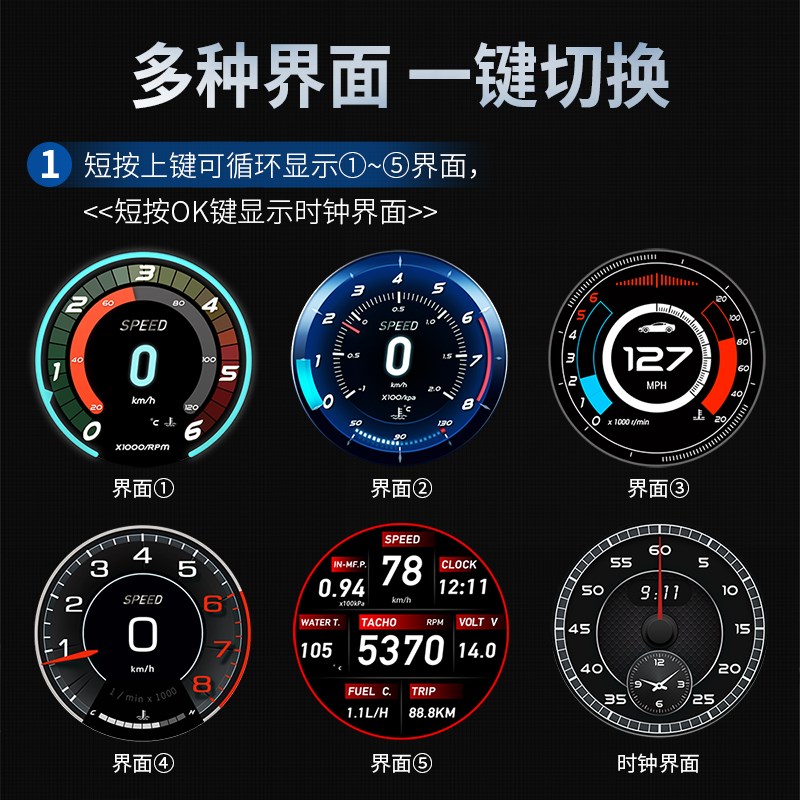 多功能抬头显示器HUD汽车通用液晶仪表盘车速码表OBD涡轮转速水温