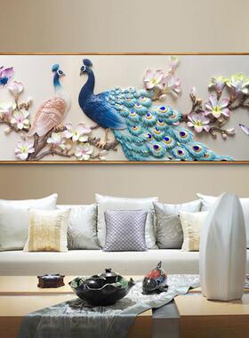 新中式客厅装饰画横幅沙发背景墙壁画卧室床头画牡丹孔雀大气挂画