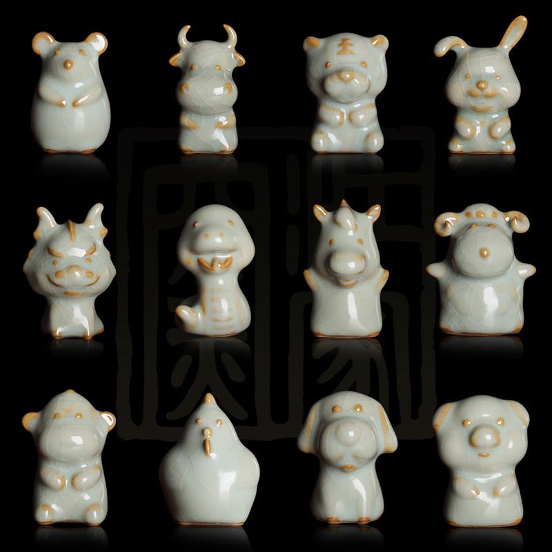 萌宠九寸土汝窑十二生肖茶宠手工摆件开片汝瓷虎兔龙猪猴陶瓷茶具