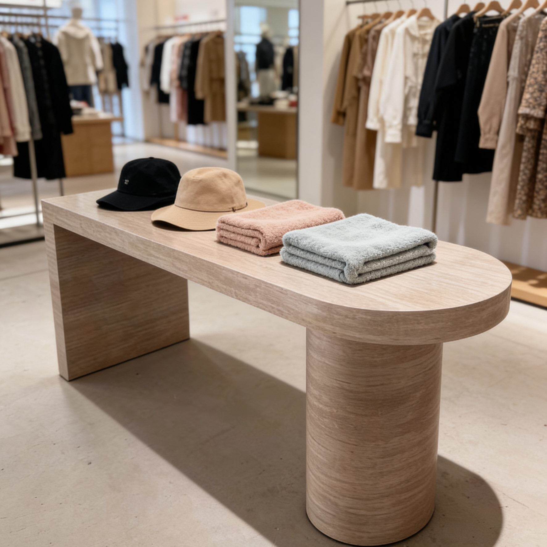 服装店中岛台女装店铺中间流水台简约现代洞石纹展示桌鞋包陈列柜