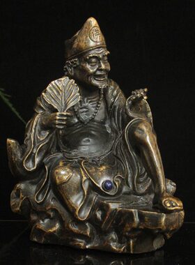 古玩收藏纯铜镶嵌宝石济公活佛铜像降龙罗汉家居