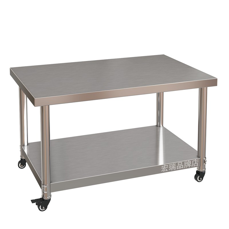 不锈钢工作台加厚双层家用可移动打包桌子厨房操作台带轮车间推车