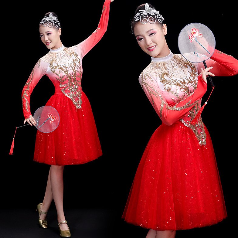亮片现代舞短裙演出服蓬蓬裙广场舞扇子舞表演服快板说唱舞台装女