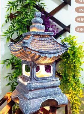 庭院花园布置日式禅意宫灯装饰小夜灯摆件中式石塔太阳能氛围灯布