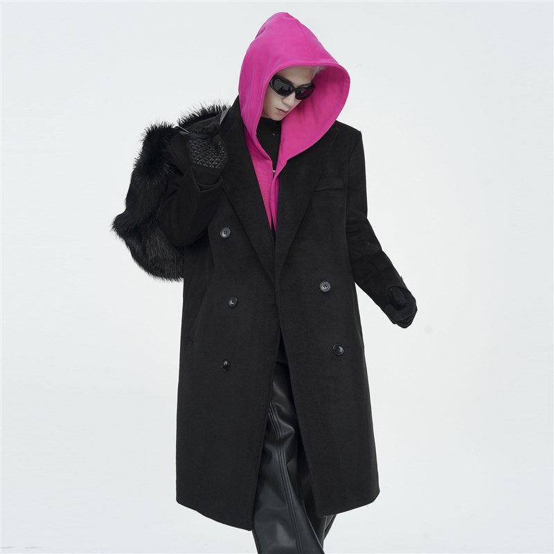 连帽风衣外套男中长版 冬季高级感男士双排扣Q夹棉垫肩毛呢大衣潮