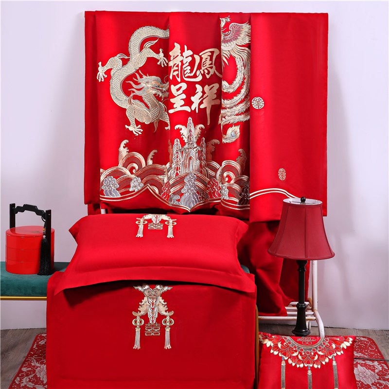 结婚四件套床上用品龙p凤刺绣被套喜被红色床单新婚床新人婚嫁喜