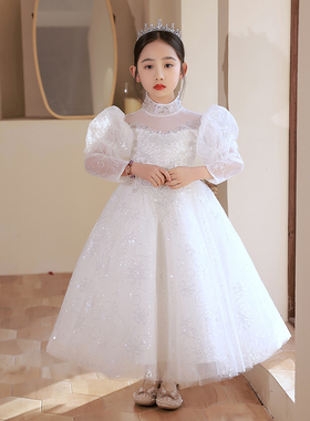 女童白色礼e服公主裙生日蓬蓬纱花童婚纱主持人钢琴演出服演奏洋