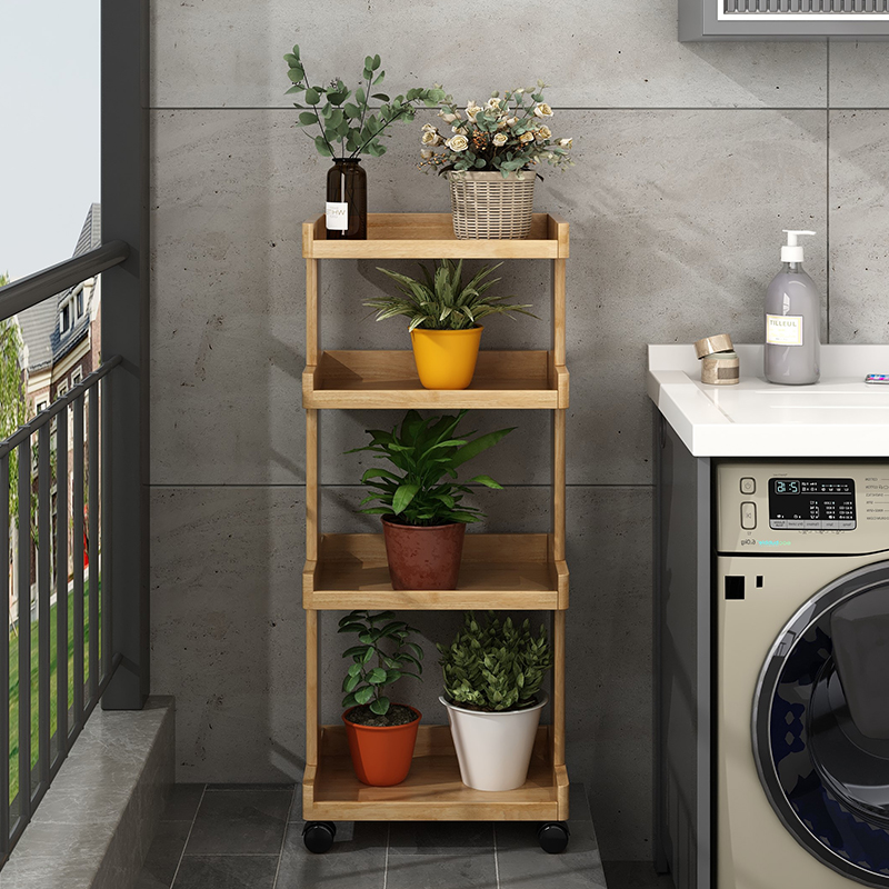 全实木可移动书架带m轮置物架落地小型客厅多层收纳架花架花几夹