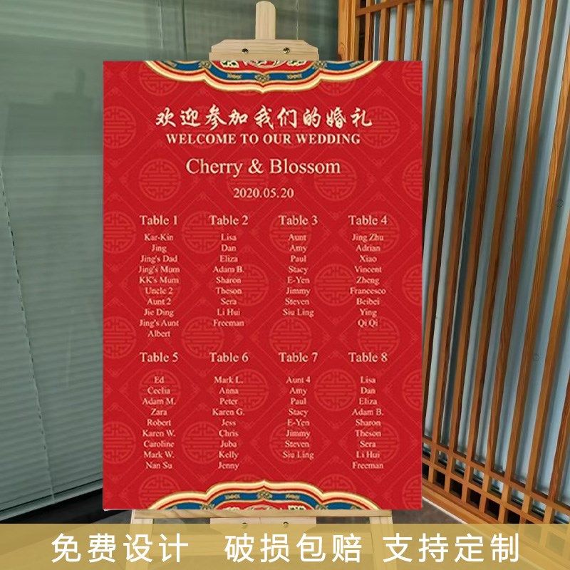 定制中式婚礼席位图订婚宴海报宴会宾客名单迎宾牌红色生日座位表