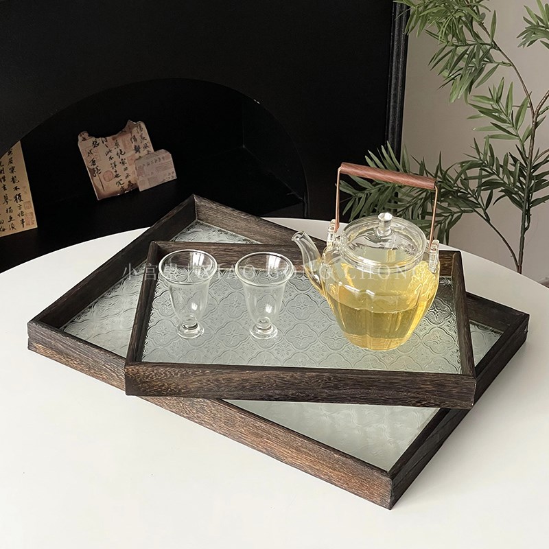 中式海棠花玻璃托盘复古长方形木质盘子家用水果点心盘茶盘收纳盘