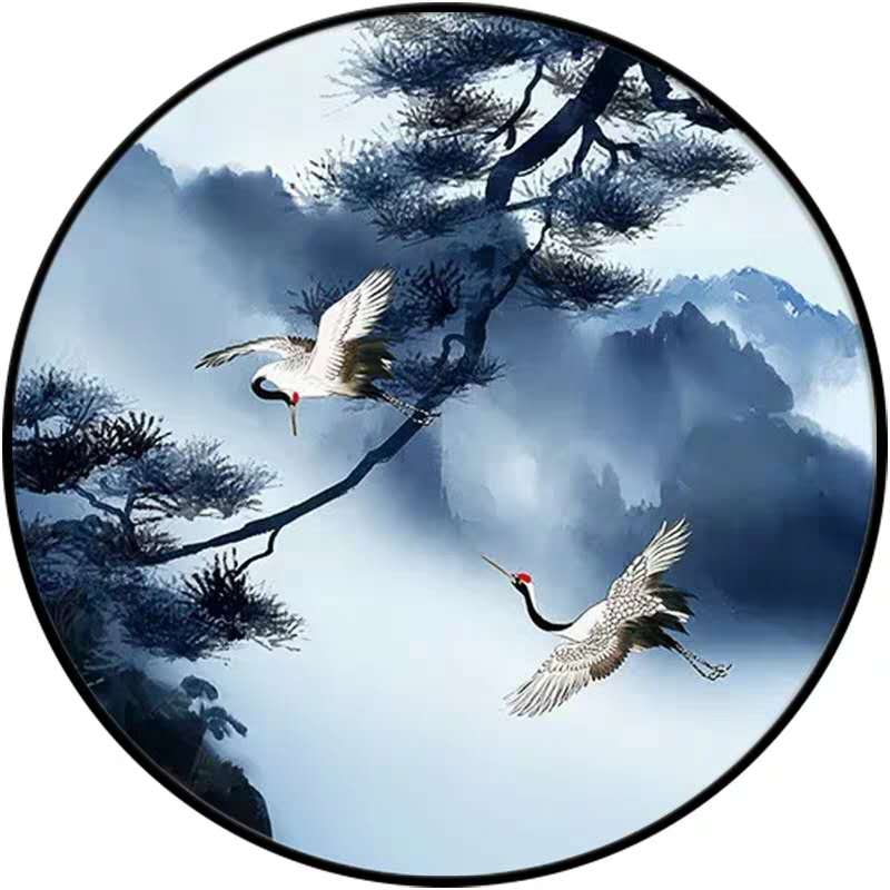 新中式国画山水千峰竞秀松鹤瀑布圆形装饰画玄关客厅书房酒店挂画图片