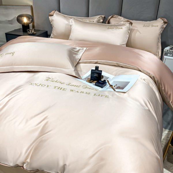 高奢夏季水洗真丝拼棉四件套简约刺绣AB北欧风凉感床单床笠款床品,床上用品,学生床品套件,淘宝优惠券,粉丝福利购,淘宝优惠卷