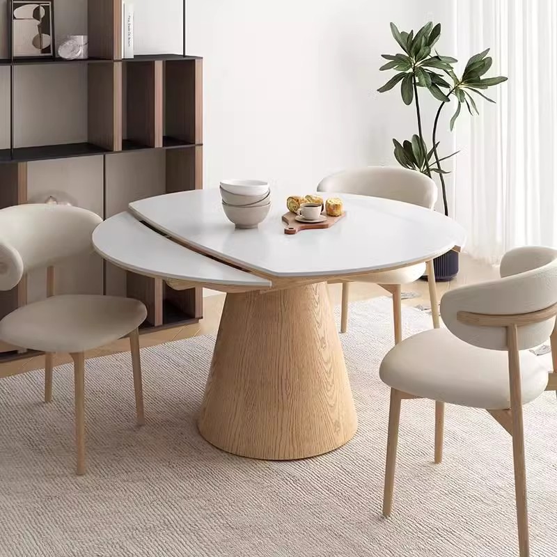 奶油风实木岩板餐桌可伸缩折叠