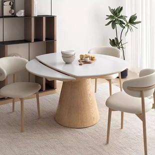 奶油风实木岩板餐桌可伸缩折叠方圆圆形岩板饭桌两用家用小户型