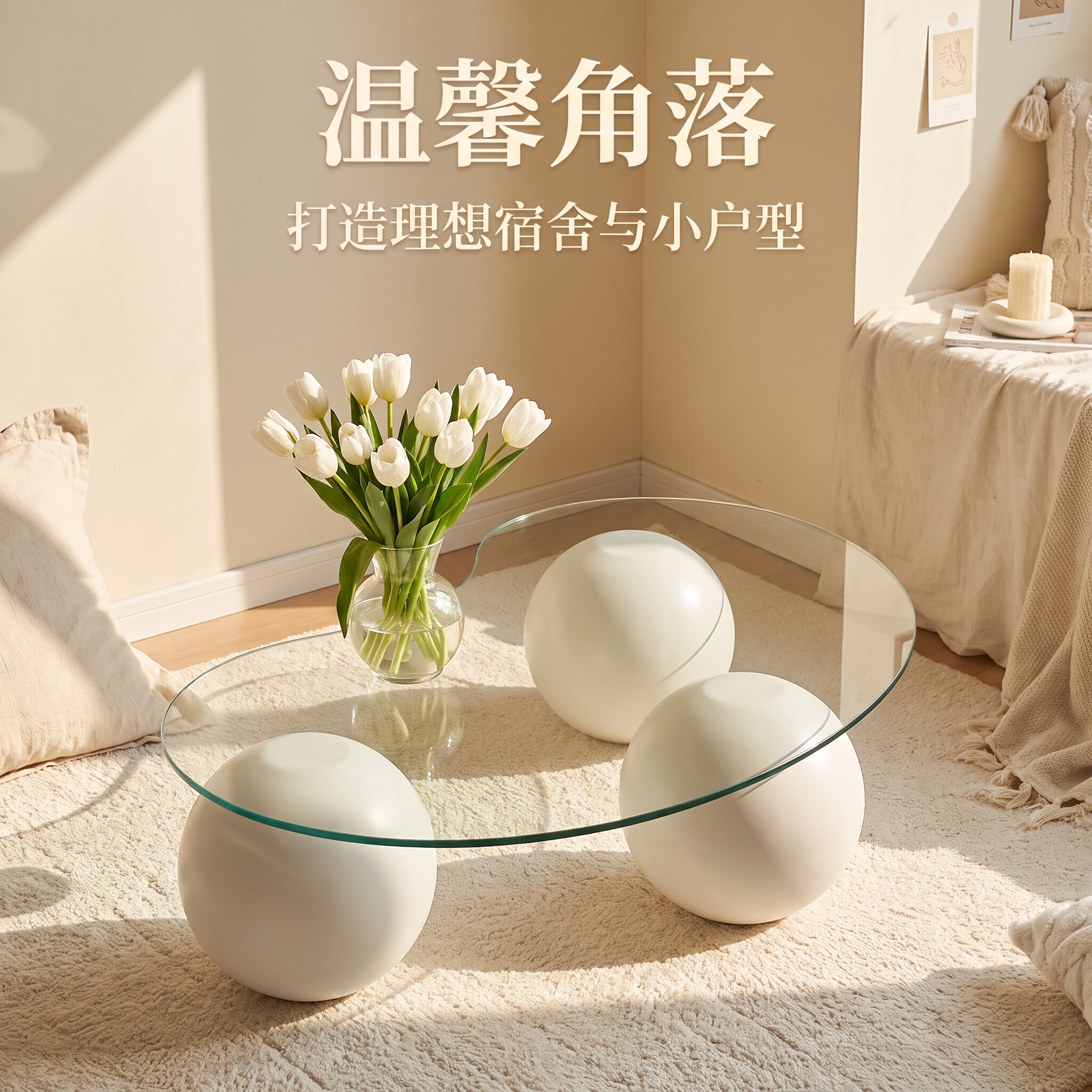 云朵奶油钢化玻璃茶几家用腰果茶几创意小户型圆形客厅图片