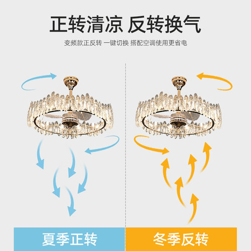 轻奢水晶客厅风扇灯全铜变频电机智能语音控制V+遥控三色变光