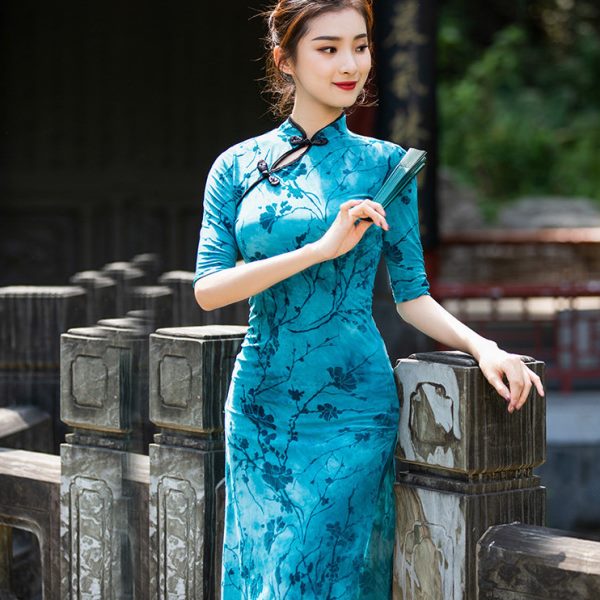 菲梵舞后现代名族古典舞旗袍演出服中国风旗袍改良秋冬蓝色舞蹈服
