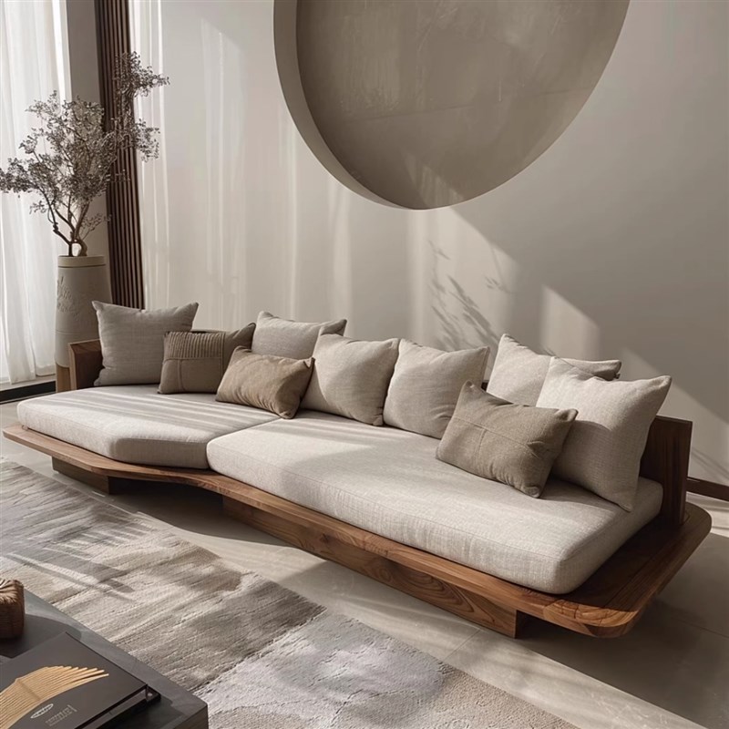 日式侘寂风实木自然边直排沙发罗B汉床小户型酒店民宿接待沙发家