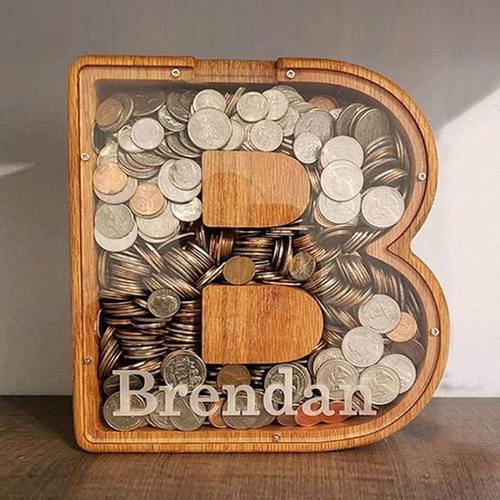 网红木制英文字母存钱罐钱箱存銭罐储钱罐摆件卡通透明礼品压岁钱