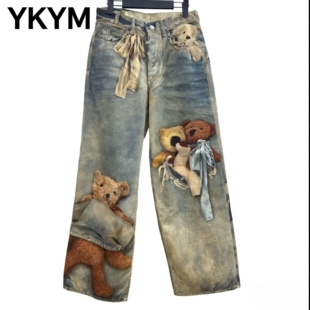 YKYM泰迪熊秋冬迷彩炸街潮款1981新爆款蓝光小熊打印牛仔裤