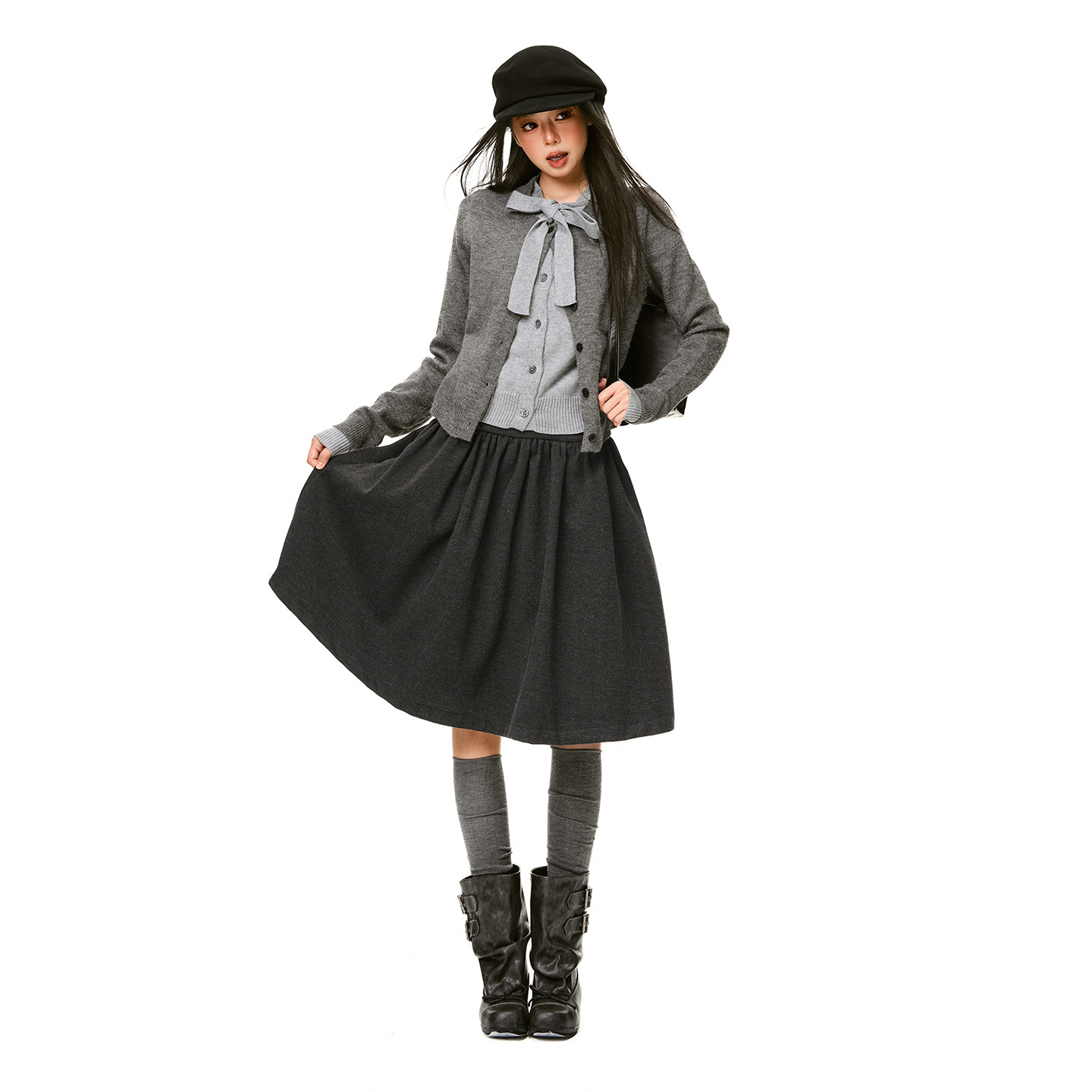 YKYM毛呢加厚半身裙女秋冬2025新款A字中裙松紧腰显瘦伞