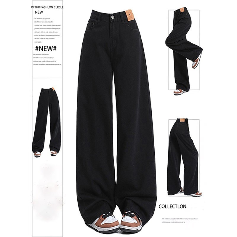 大码美式高街黑色阔腿牛仔裤女2025春宽松显瘦休闲垂感直筒长裤子