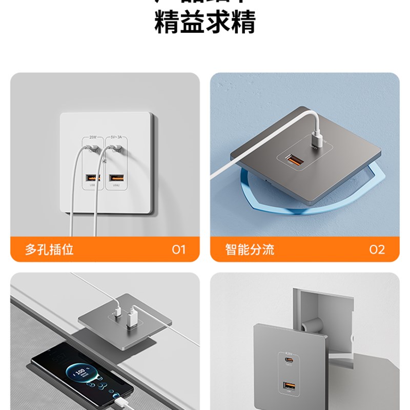 86型充电四孔S明装n灰色220V转5伏工地36V转5V二孔带S插座面板