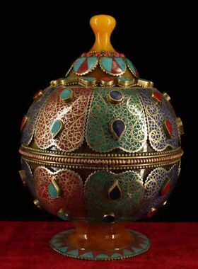 尼泊尔工艺手工制作老蜜蜡掐丝镶嵌宝石多宝罐吉祥八宝罐装饰摆件