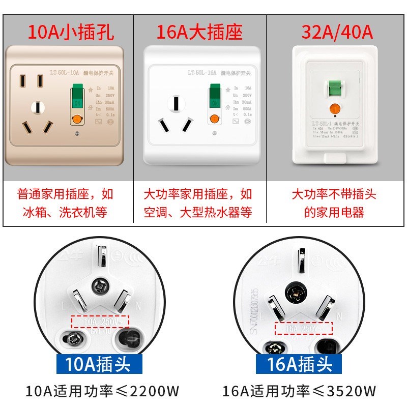 国际电工86型10A电热r水器16A空调漏保漏电保护插头插座防儿童触