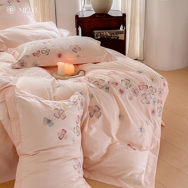 少女心粉色100S长绒棉刺绣四件套全棉纯棉亲肤裸睡新款床上用品