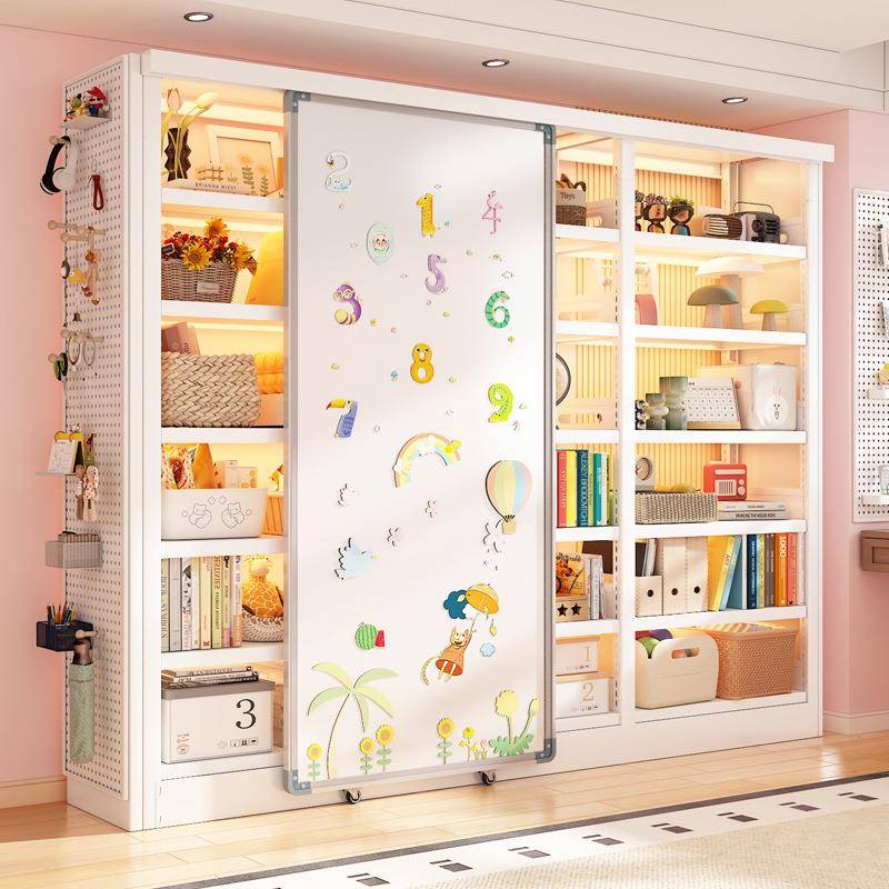 家用书架带白板门多层收纳落地置物架一体靠墙防尘简易图书馆书柜