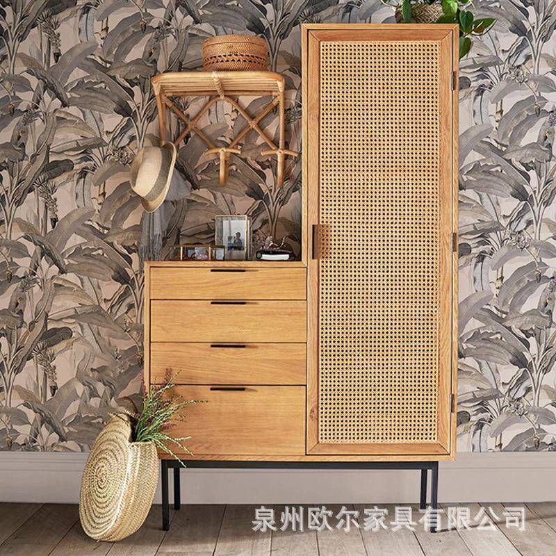 北欧实木衣柜小户型藤编门储物柜简约民宿卧室衣橱收纳柜