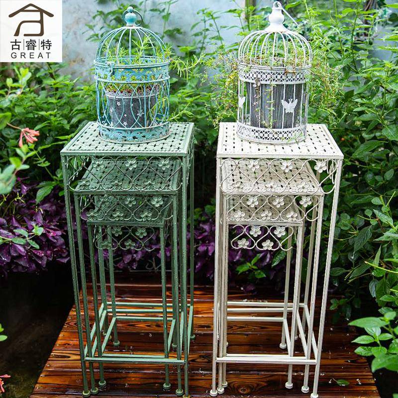 9U户外庭院铁艺花架凳组合阳台绿萝花盆托架落地式做旧置物架子多