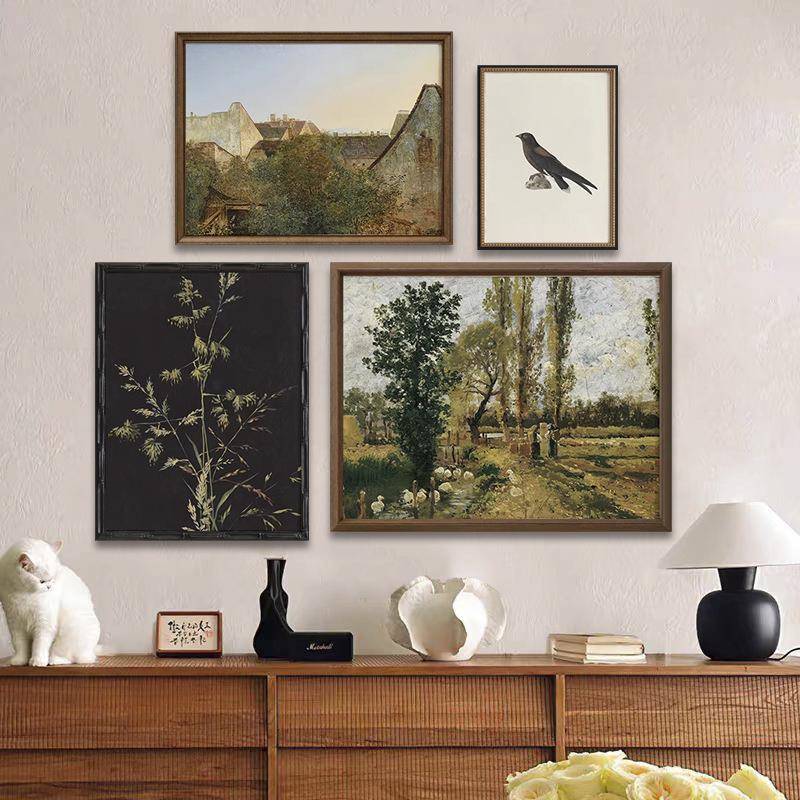 美式复古装饰画中古小众法式鸟类风景静物油画餐厅卧室实木组合画