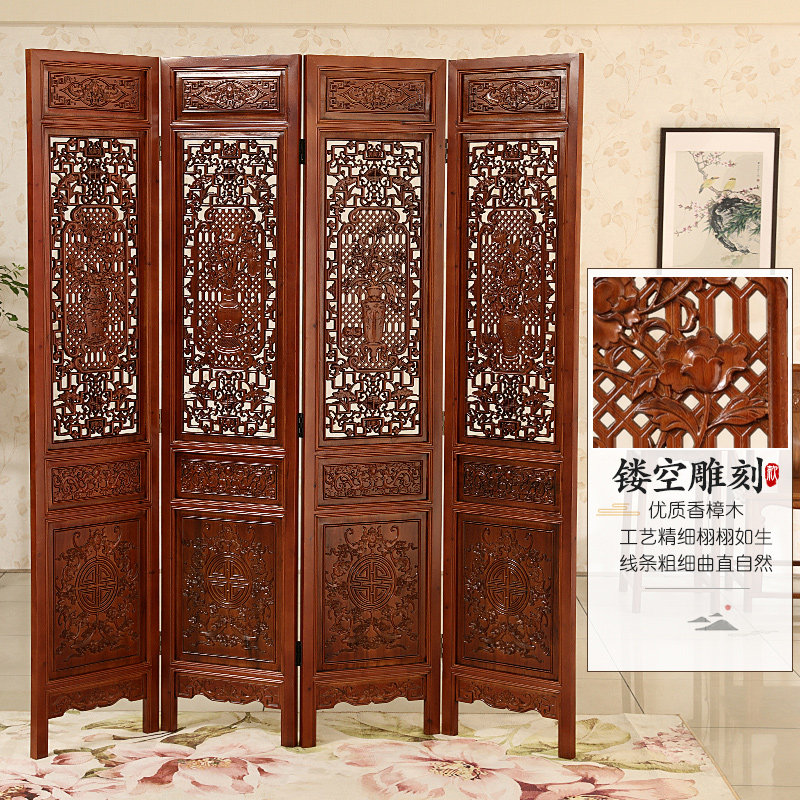 新中式屏风隔断墙客厅折叠实木镂空移动仿古木雕双面玄关卧室落地