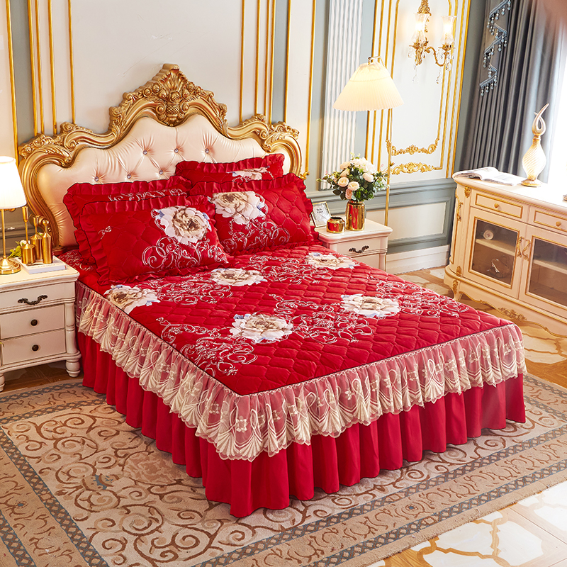 新品秋冬加厚夹棉水晶绒床罩单件婚庆结婚加棉床裙三件套1.5/1.8