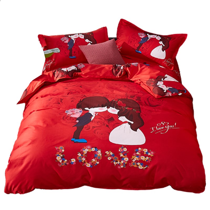 新被套床单婚礼棉婚庆四件套1.8m大红结婚2.0m喜水洗婚房床上用品