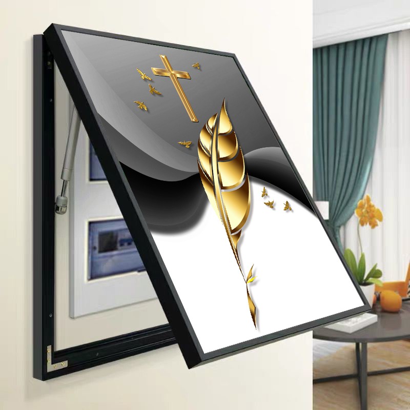 现代轻奢铝合金框免打孔十字架电表箱装饰画弱电箱竖版开关遮挡画