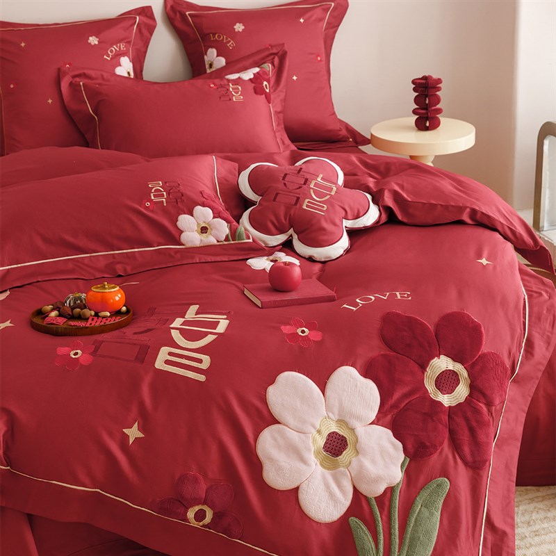 新中式大花婚庆四件套全棉100支贴补刺绣红色结婚被套床单1.8床笠