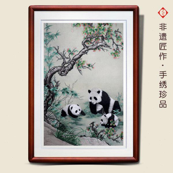 有福湘绣国宝梅花熊猫外宾商务国际友人送礼书房过道客厅装饰画