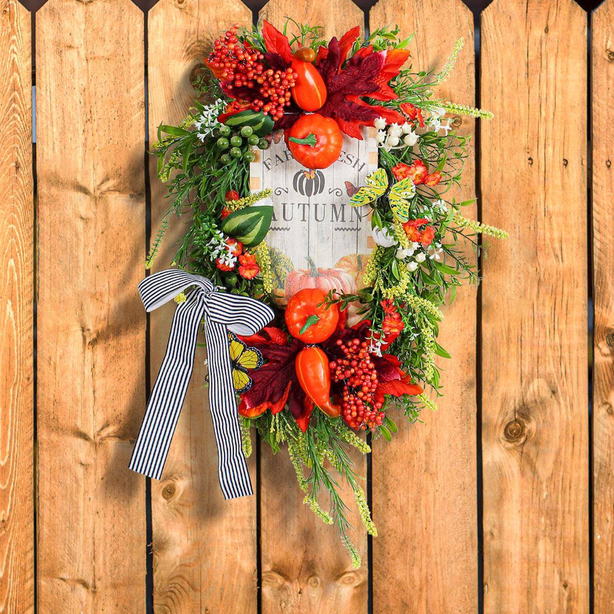 晶辰新款丰收节木牌花环仿真南瓜装饰花圈壁挂丰收花圈门挂