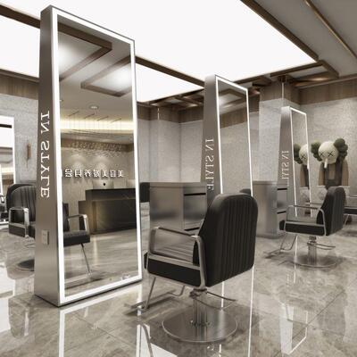 网红美发镜台落地带灯烫染靠墙不锈钢理发店镜子发廊专用双面镜台