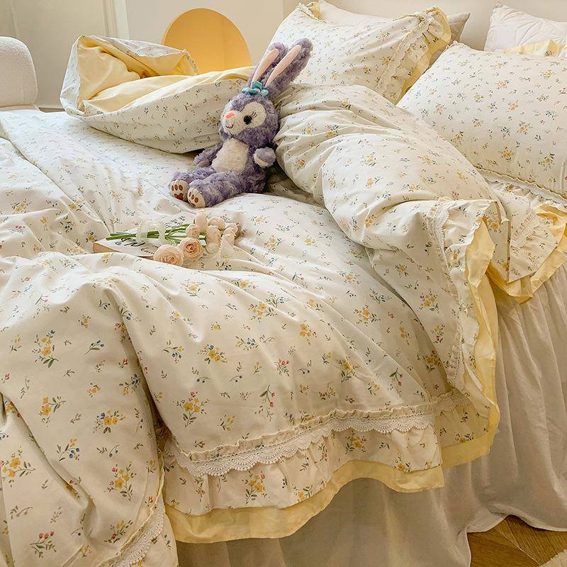 田园春夏小碎花蕾丝花边全棉四件套公主风可爱小清新双层纱床裙款