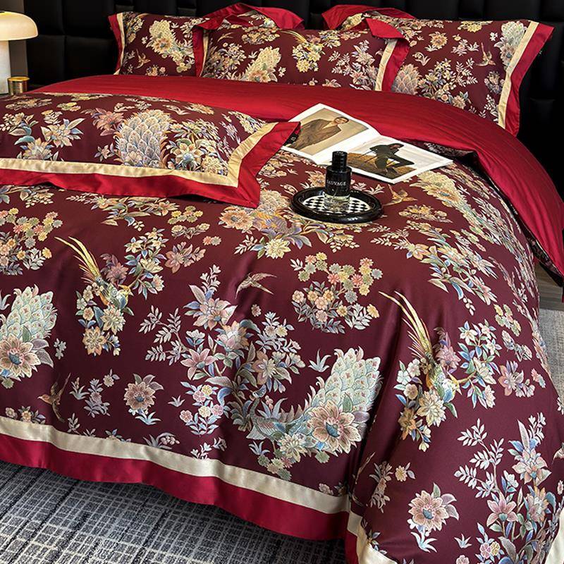 全棉长绒棉数码印花四件套秋冬季100纯棉被套床单床上用品新中式4