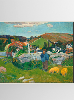 布列塔尼的猪倌 高更油画布喷绘风景挂画客厅卧室沙发背景装饰画
