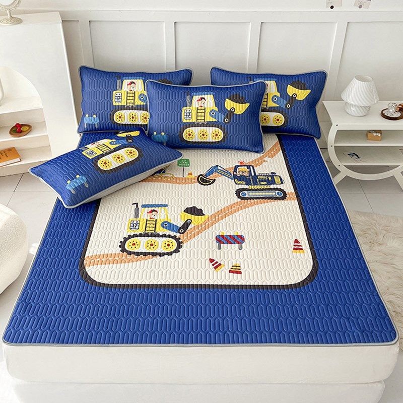 乳胶凉席三件套夏季冰丝席可水洗卡通儿童男孩挖掘机工程车软席子,床上用品,乳胶席,淘宝优惠券,粉丝福利购,淘宝优惠卷