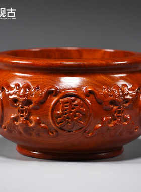 花梨木雕刻聚宝盆摆件红木工艺家居客厅装饰聚宝盆店铺开业送礼品